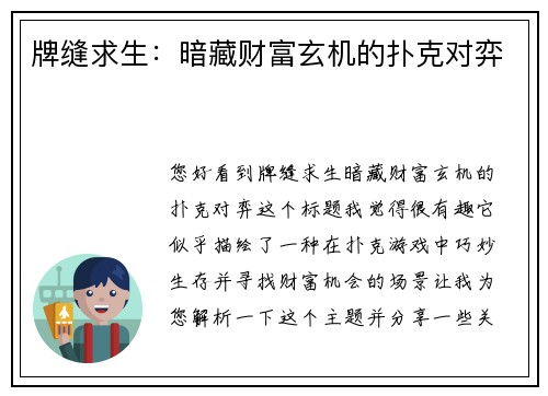 牌缝求生：暗藏财富玄机的扑克对弈
